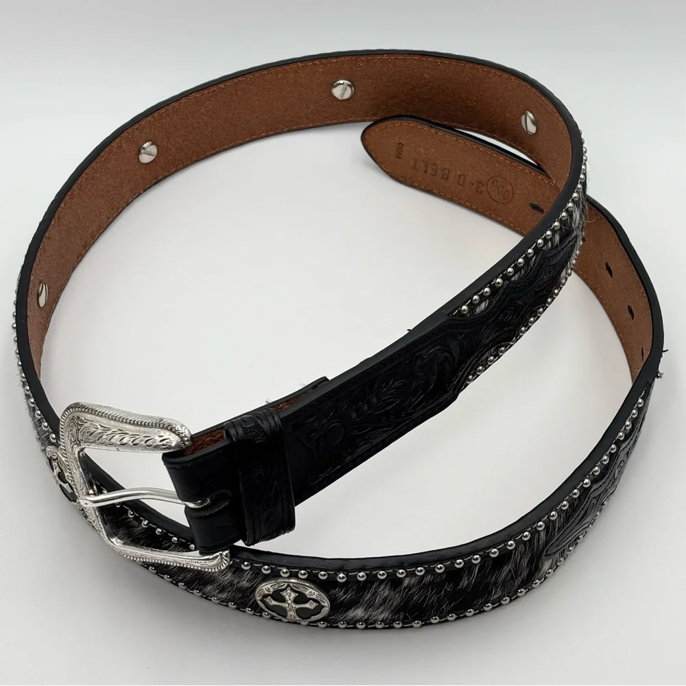 DDD 3D Black‎ Leather Belt Studded Rhinetsone Cross Western Size 40